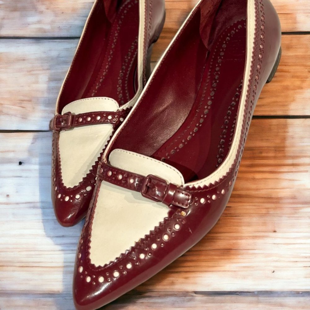 Tory Burch Darlene Spectator Pointy Toe Flats Ruby and White